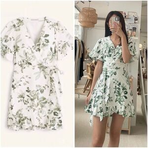 Abercrombie & Fitch Angel Wrap Mini Dress Green Floral Linen Blend Size Small